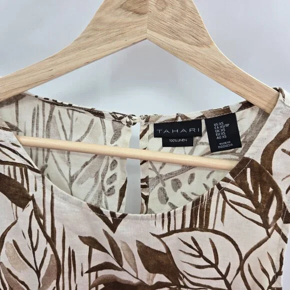 Tahari Ivory Tropical Leaves 100% Linen Sleeveless Pockets Shift Mini Dress XS - Picture 5 of 11